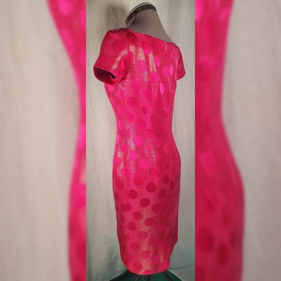 Pink Polka Dot Metalic Gold Silk Vtg Dress XS - Picture 4 of 11